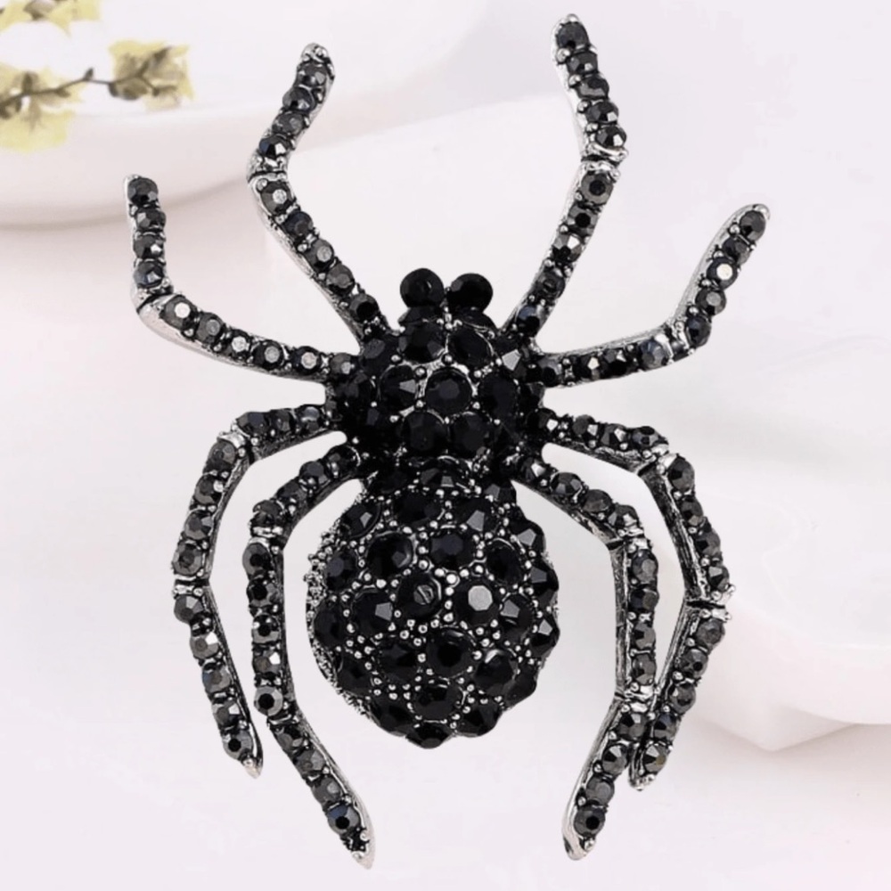 Black Spider Brooch, Rhinestone, Crystal, Lapel Pin Black Widow, Goth, Halloween
